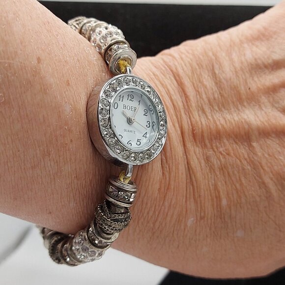 BOER Fancy silver tone Rhinestone encruset bracelet estate quartz timepiece - Picture 6 of 7